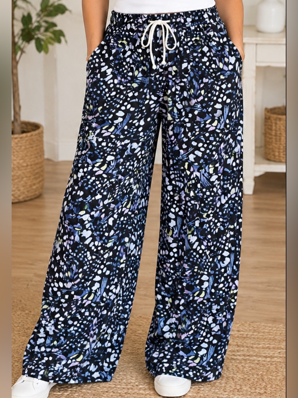 Cotton Wide Leg Drawstring Pants With Pockets - Black Multi